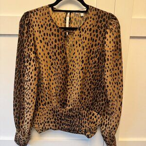 Good American Leopard Print Blouse Silk Feel Puff Sleeve